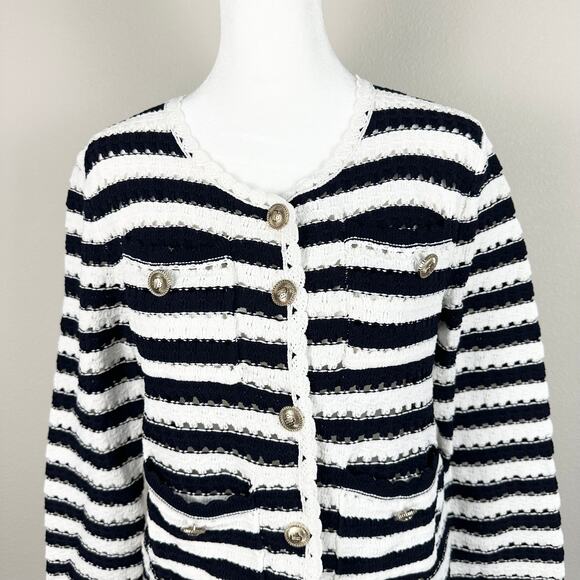 Maje Striped Crochet-Effect Cardigan Navy Ecru - Picture 10 of 16